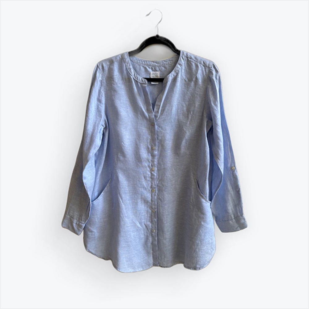 SIGRID OLSEN 100% Linen Button Up V-Neck Top with Roll Up Sleeves